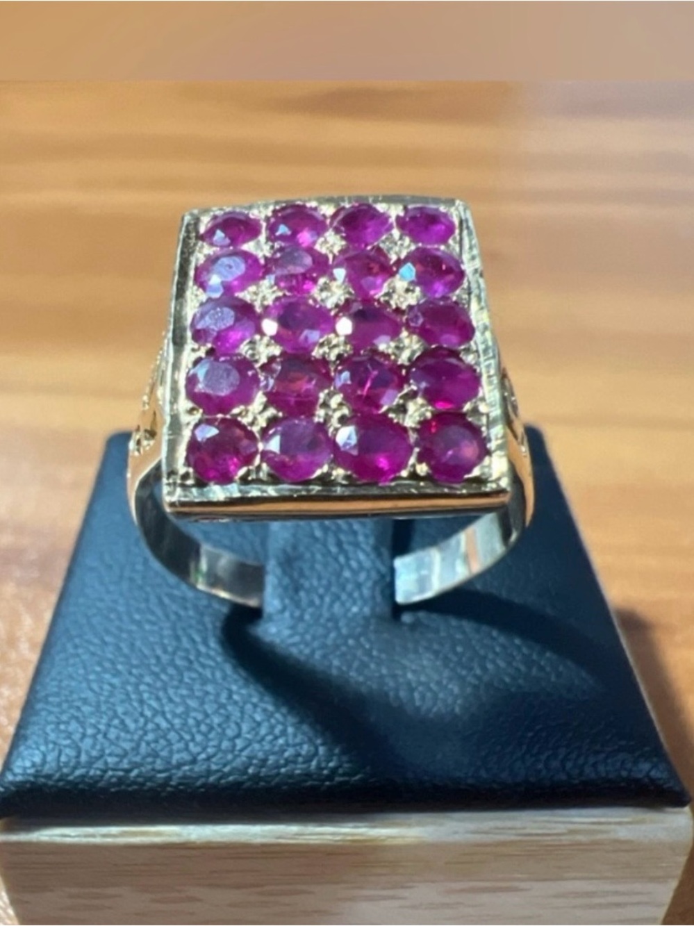 Vintage Estate Stamped 14k Yellow Gold Square Top Cluster Ruby Ring 20 Rubies